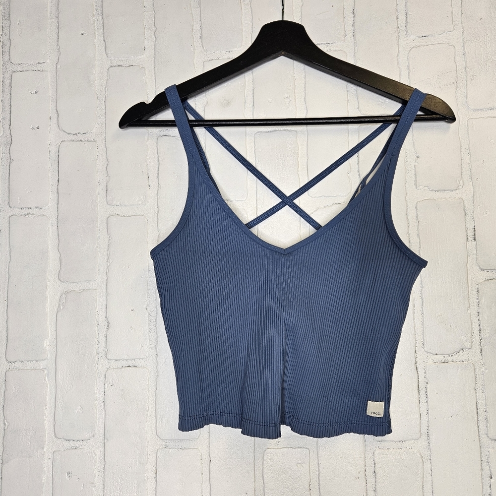 Vuori Blue Ribbed Cropped Tank Top with Crisscross Back